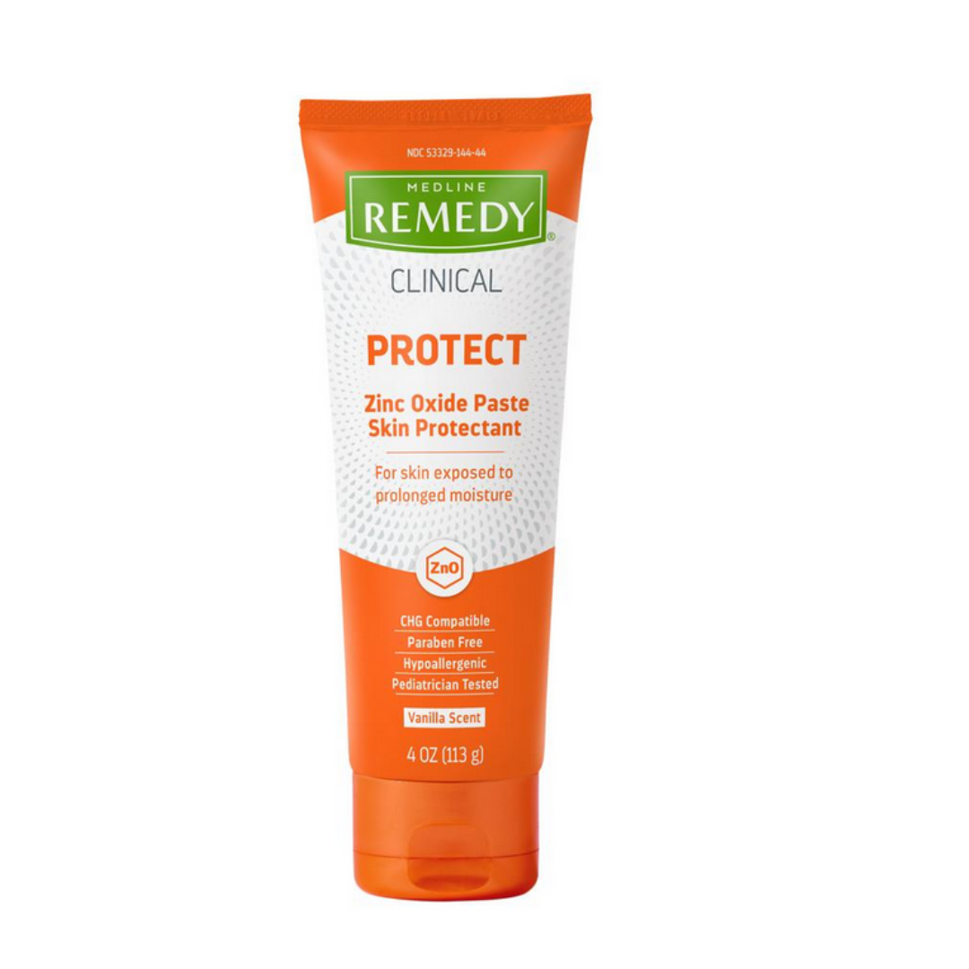 A 4 oz tube of Medline Remedy Clinical Zinc Oxide Paste comes in orange and white packaging, with a petrochemical-free formula that moisturizes skin exposed to moisture using natural emollients and has a light vanilla scent.